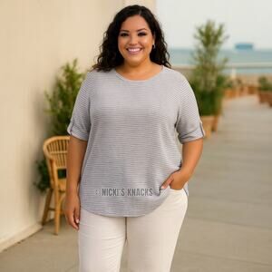 Adrienne Vittadini Plus Linen Striped Roll Tab Sleeve Blouse Navy White Size 1X